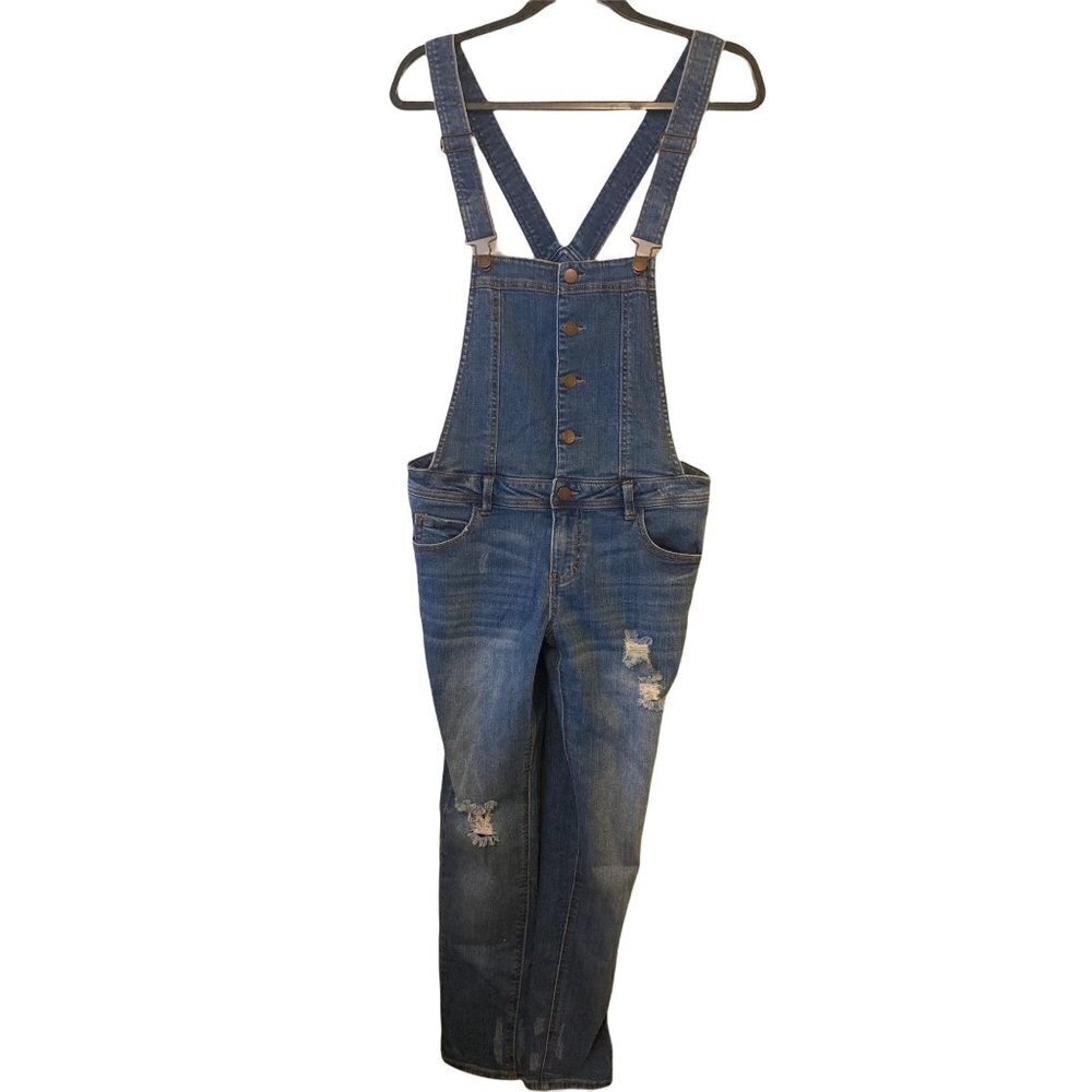 Denim Overalls Bib Stone Wash Blue Destroyed Distressed Button TINSLETOWN Medium